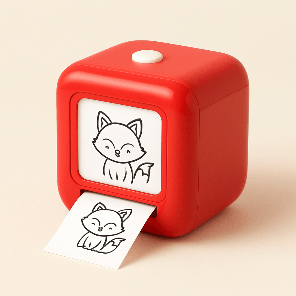 STIQO Mini-Druckerbox mit frisch gedrucktem Sticker